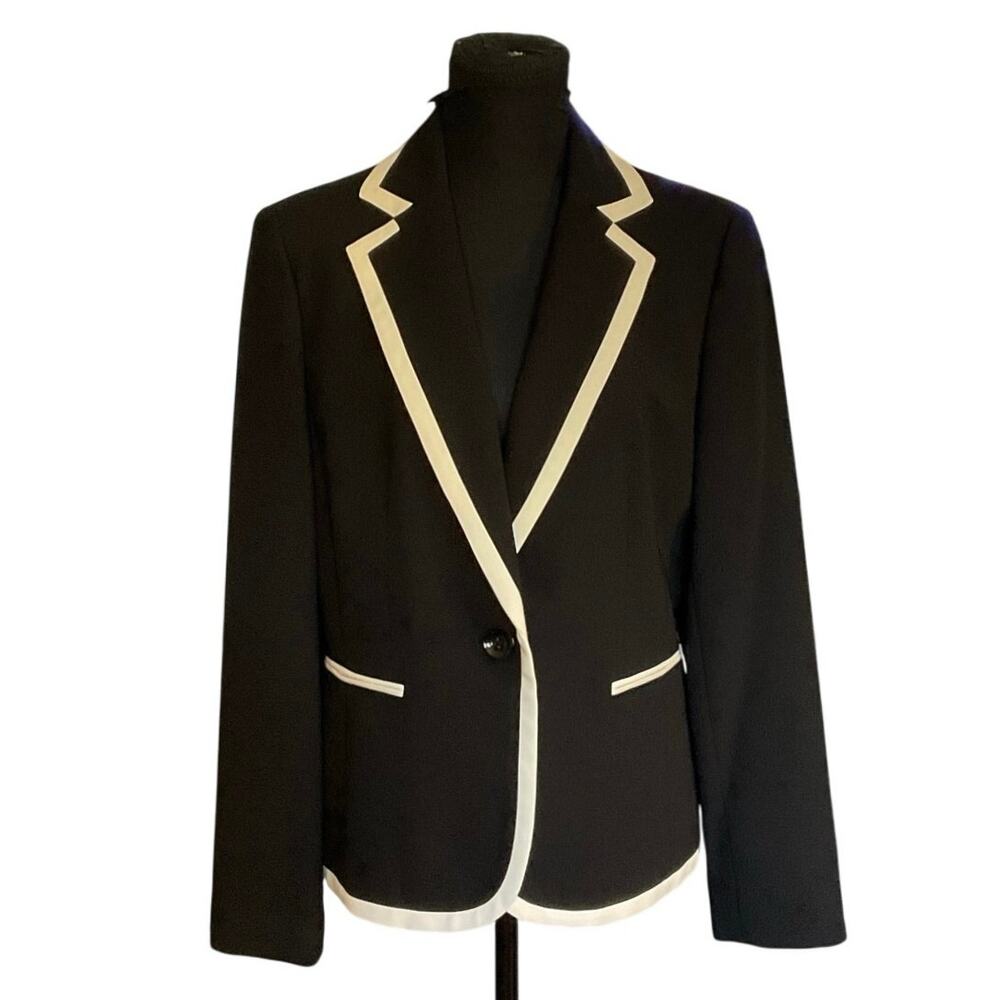 Black Blazer Cream Contrast Trim Women 12 Classic Chic Chanel Inspired Jacket - Picture 2 of 8